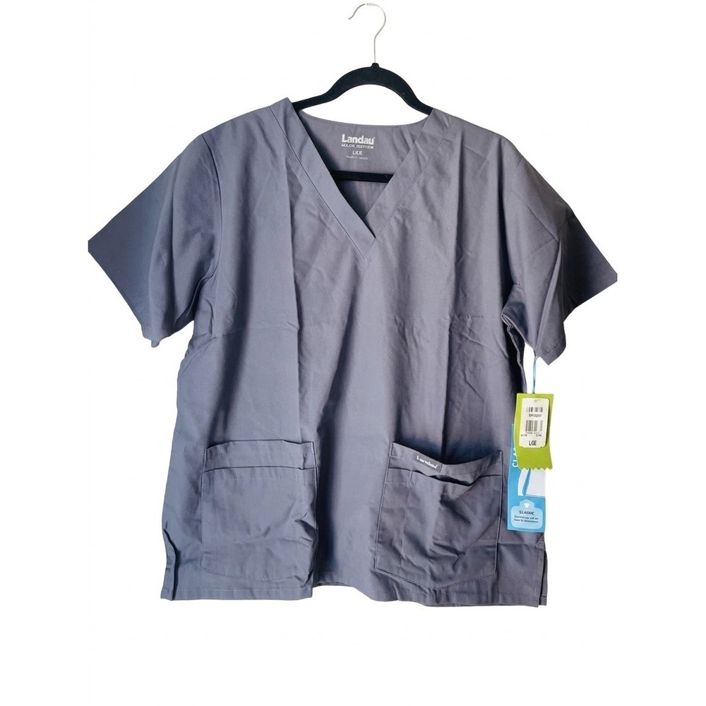 Landau Made Better Unisex Grey V-Neck Shorts Sleeve Uniform Large Pockets Sz L